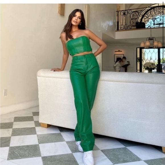 Pants - Green Strapless Leather Crop Top & High-Rise Pants Set